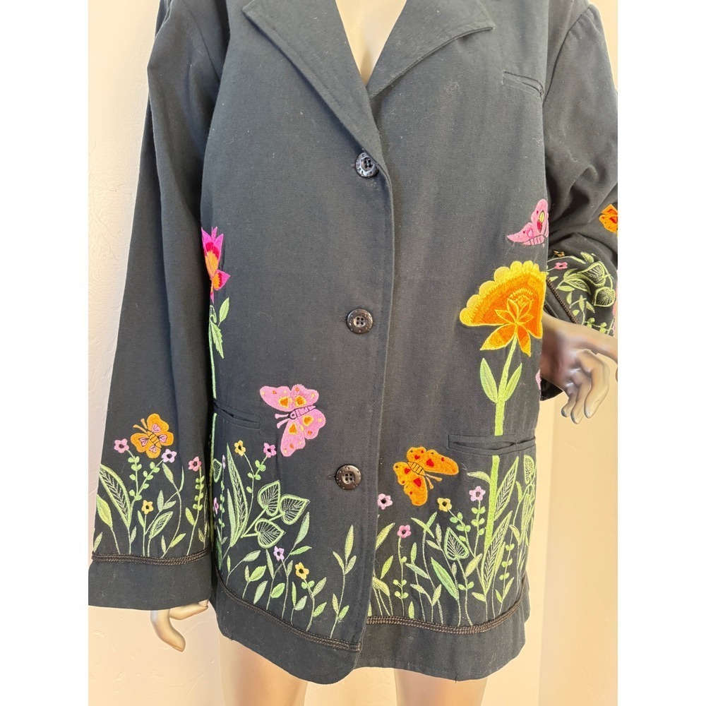 The Quacker Factory Embroidered Fairy Black Whimsy Cotton Jacket Blazer 1X
